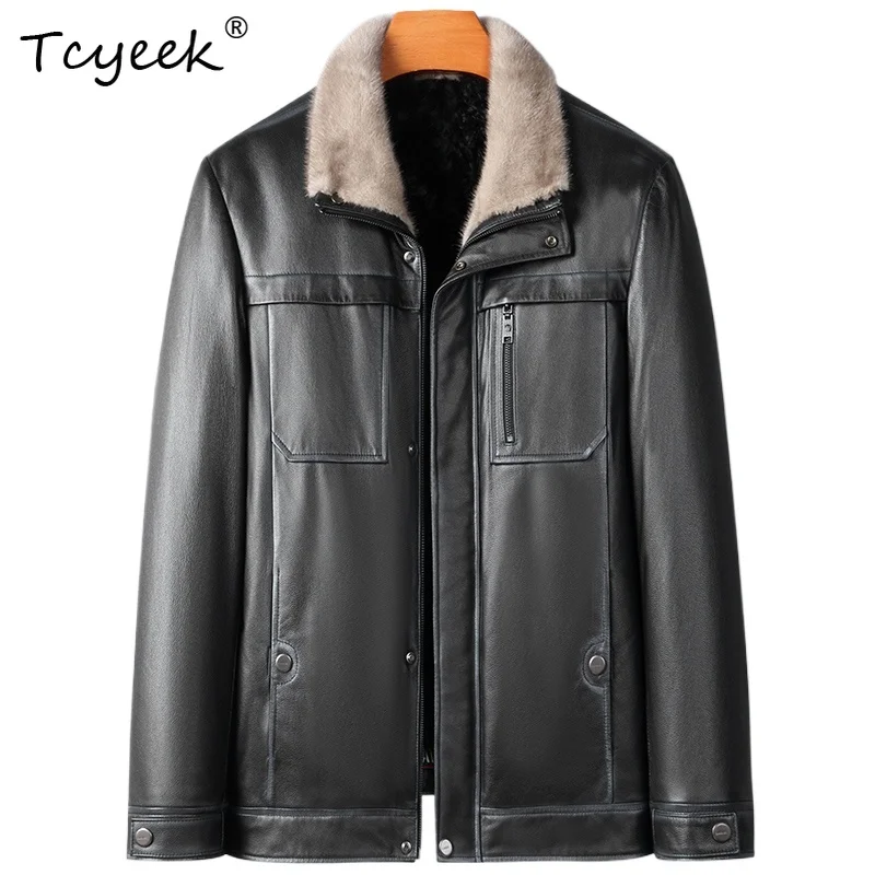 

Tcyeek Верхний слой из коровьей кожи Высококачественная короткая мужская куртка с лацканами из норки с внутренней подкладкой Куртка Кожаная Мужская 가죽 자켓