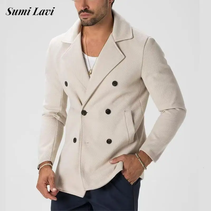 Vintage Solid Color Twill Blazer Jackets Men Fall Winter Casual Buttoned Lapel Textured Coats For Mens Trendy Slim Fit Outerwear