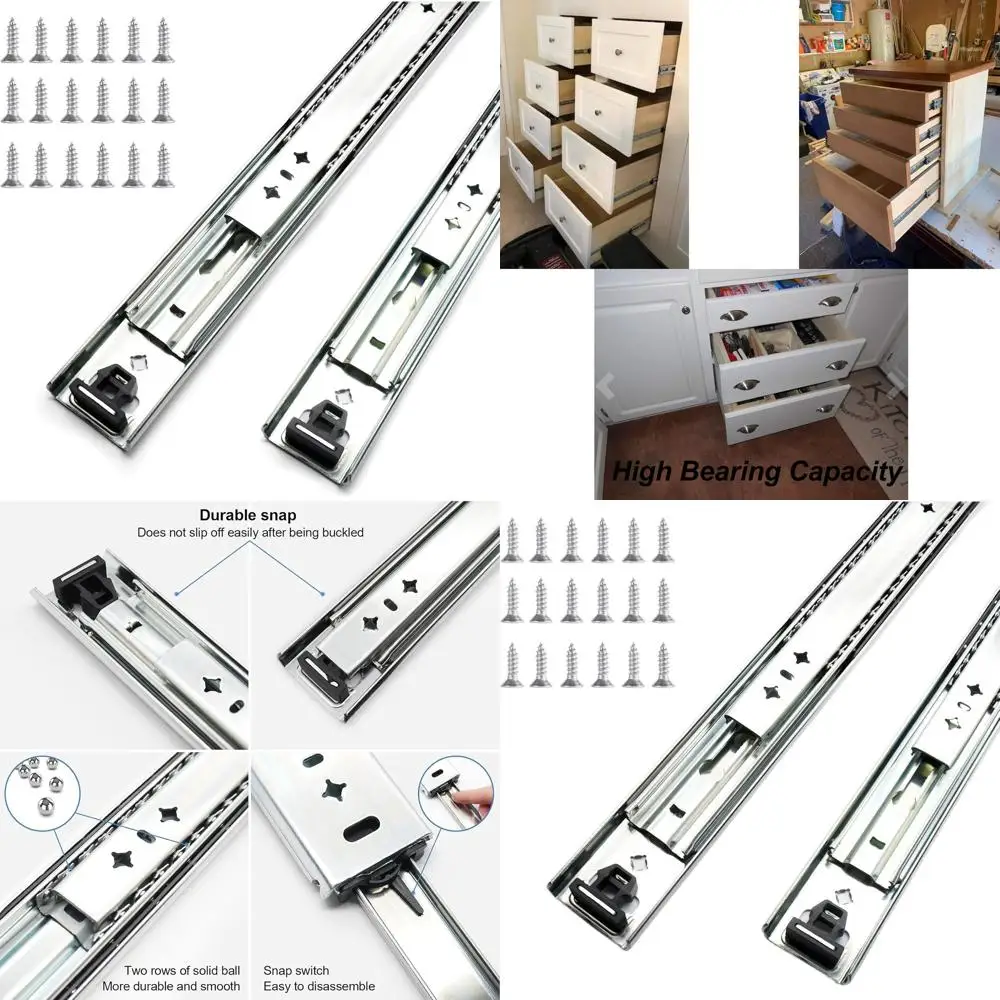 

22-дюймовые направляющие для выдвижных ящиков повышенной прочности, грузоподъемность 260 фунтов, с винтами из нержавеющей стали, боковое крепление, скрытое крепление, полный выдвижной ход, шариковые подшипники
