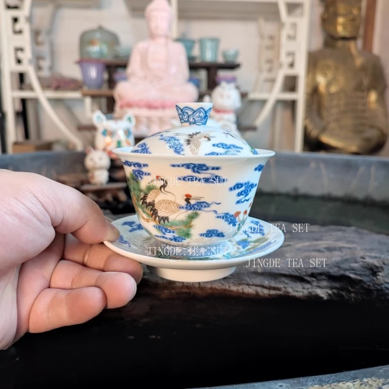170ml Yixing Crane Enamel Covered Bowl Household Ceramic Triple Cap Bowl Tea Bowl High End Tea Set Tea Set Accessories