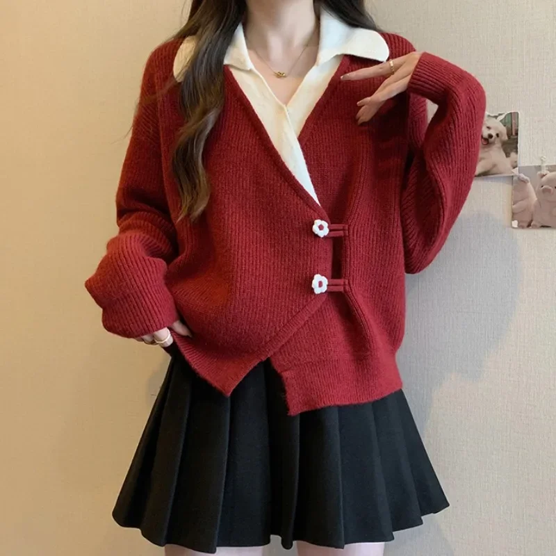 Stylish National Style 2024 Red Irregular Cardigan Sweater Coat Women\'s Plus Size Slimming Faux Two-piece Knitted Collarless Top