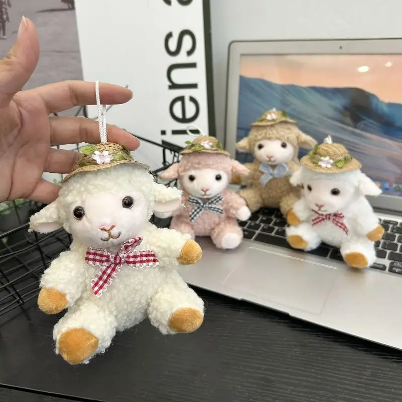 ! 1Pcs Cute Soft Fluffy Plush Sheep Keychain With Straw Hat Plaid Bow Backpack Decor Kids Friends Gift