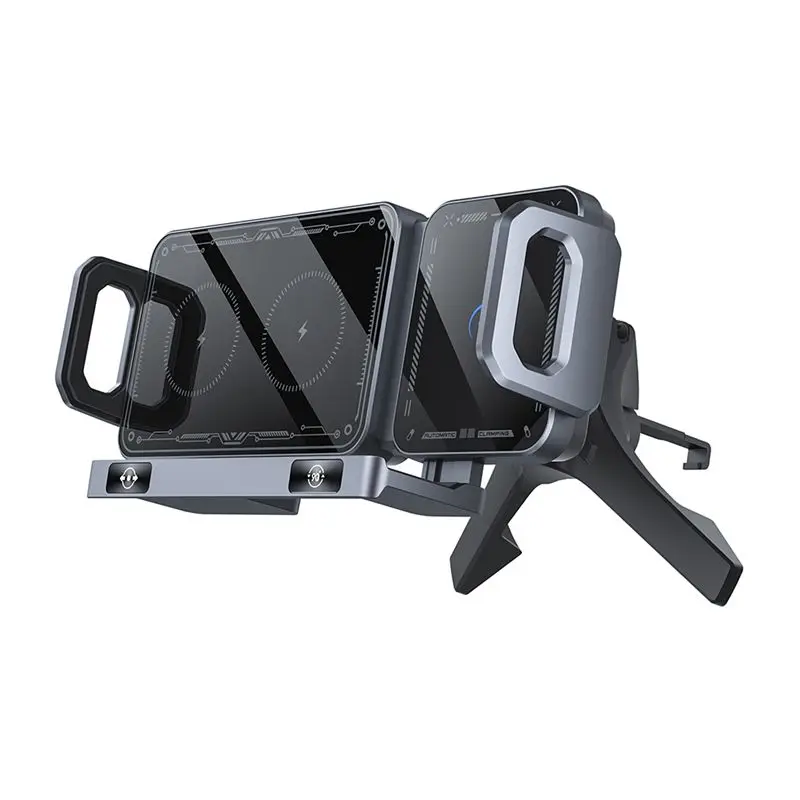 ABZZ-Car Wireless 15W Dual Coil Car Vent Phone Holder One-Touch Rotatable Car Vent Phone Mount Forfold Screen Phone Grey