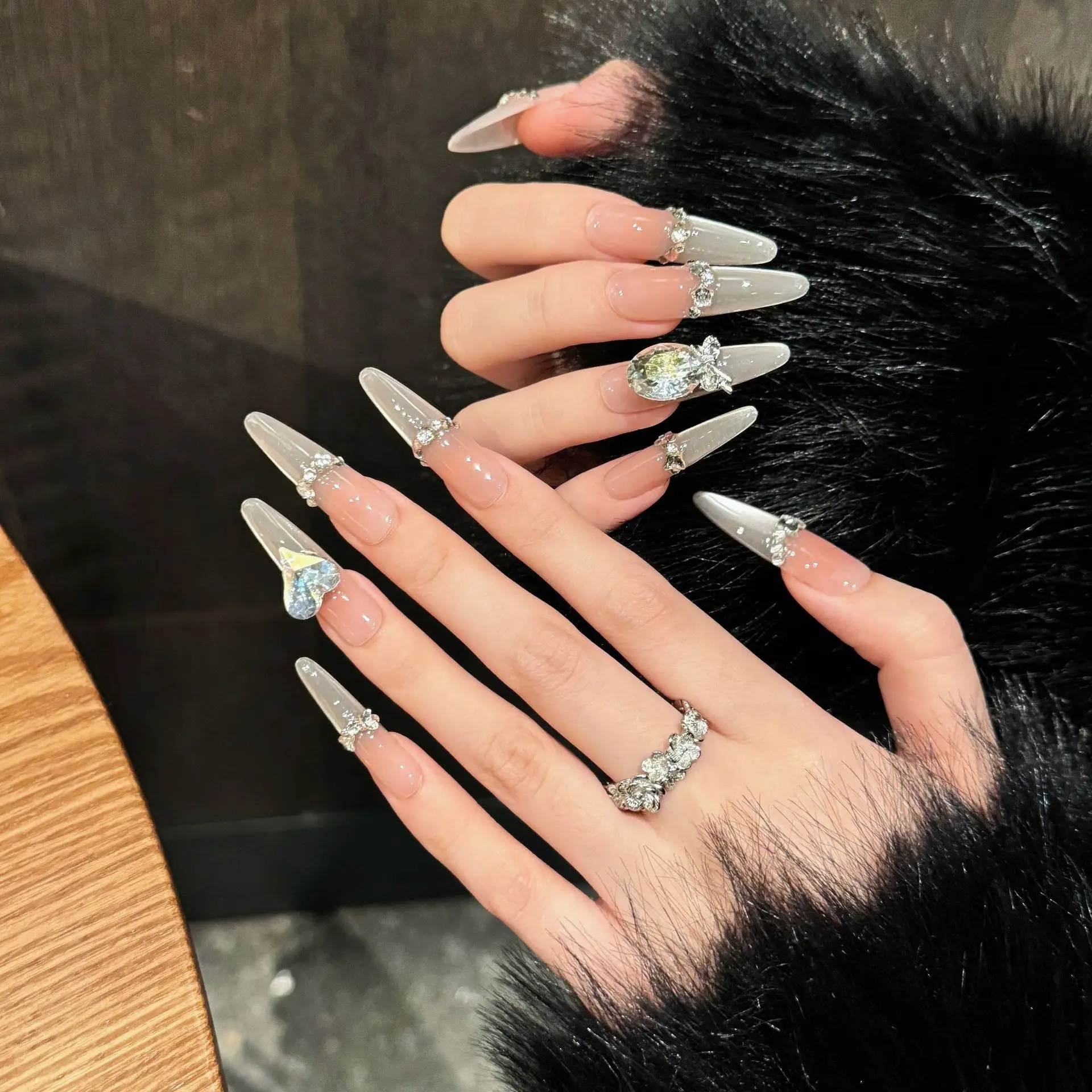 Handmade Press on Nails with Large Crystal Design Long Oval False Nails Glitter Champagne Gold French Cat Eye Fake Nail Patches