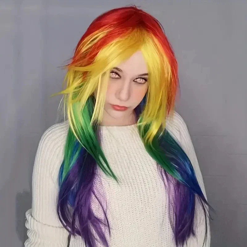 Cosplay Wigs Long Straight Layered Rainbow Hair Wigs Synthetic Fiber Hair Replacement Wigs For Halloween Costume Party Wig