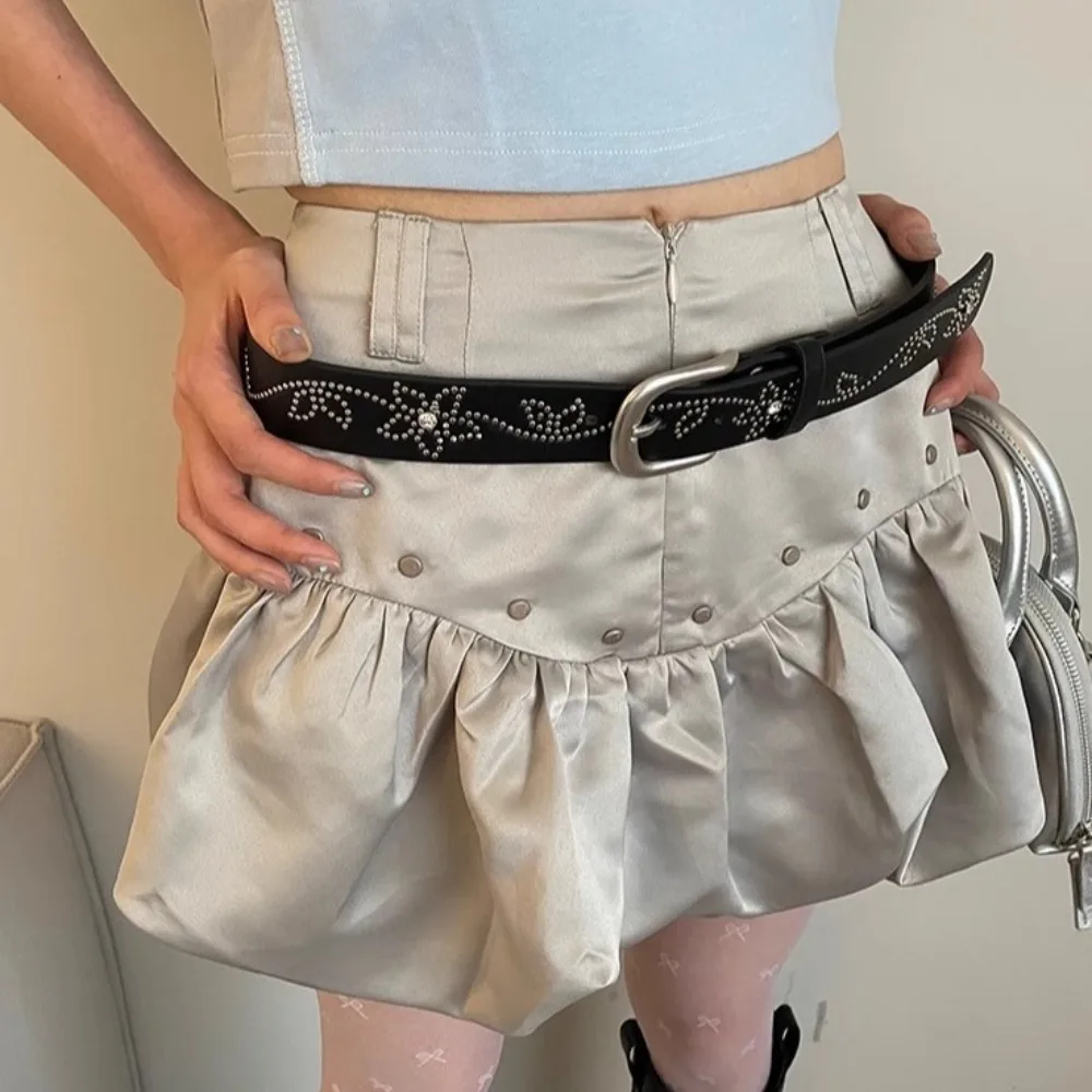 Fashion Flower Rhinestone Belt Alloy White Rivet Belt Y2K Black PU Leather Waistband Men