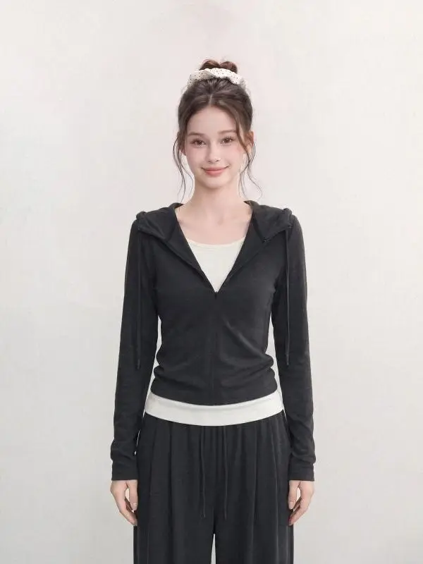 Retro American Style Hooded Long Sleeve T-Shirt Women's Slim Fit Short Top Deep Grey Fake Two-Piece Spring Autumn Casual Cotton