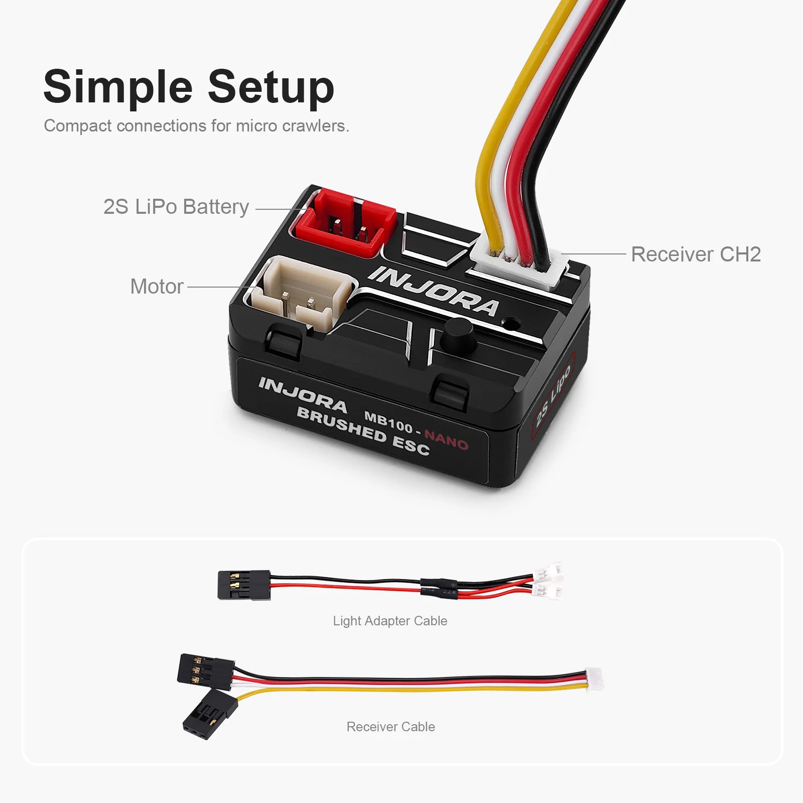 INJORA MB100 NANO Waterproof Brushed ESC 15A for 1/24 1/30 1/32 RC Crawlers SCX24 SCX30 view 3
