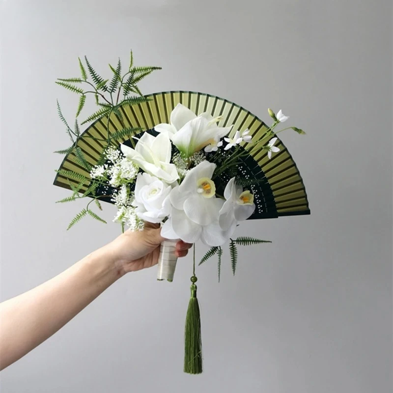 JaneVini New Green White Bride Flowers Bridal Fan For Engagement Wedding Bouquets Artifical Real Touch Handfan Party Decoration