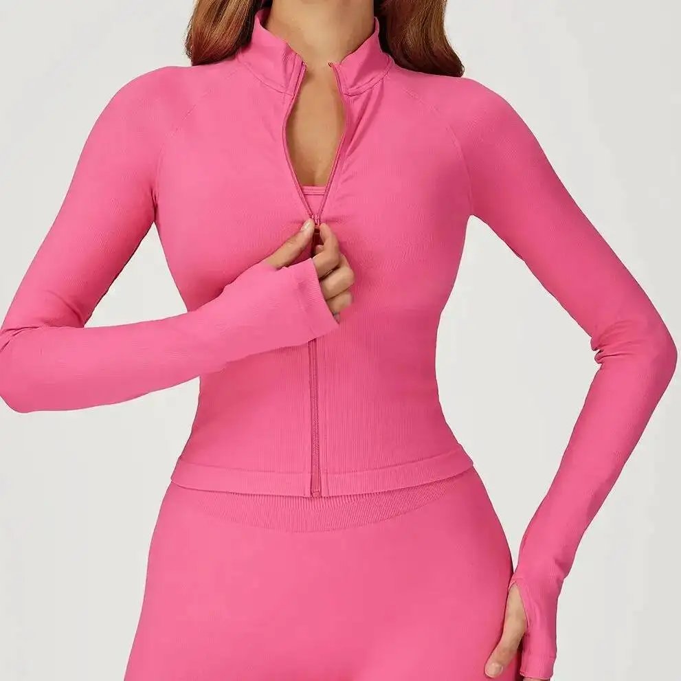 

Outdoor Sports Long Sleeved Seamless Women Slim Yoga Clothes Quick Dry Zipper Stand Up Collar Running Fiess Jacket Tops