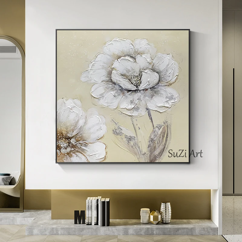 

100% Hand Painted Modern Abstract White Flower Oil Painting On Canvas Wall Art Picture For Living Room Bedroom Decor Frameless