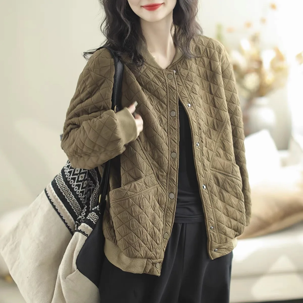 

Retro Large Size Lightweight Silk Cotton ort Jaet Women's Autumn Winter Loose Casual Versatile Diamond id Baseball Coll...
