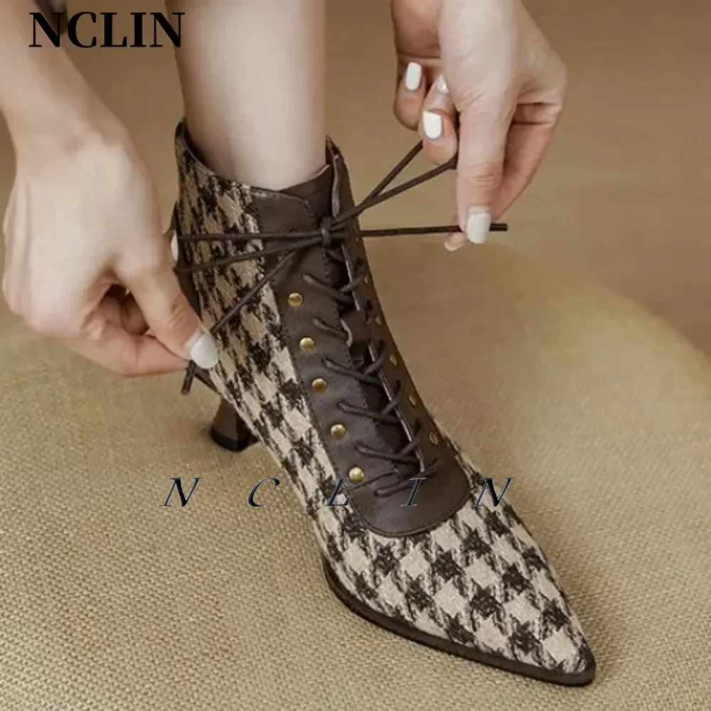 

NCLIN Elegant Retro Women Genuine Leather Ankle Boots Thin High Heels Cross-tied Party Office Pumps Female Short Boots 2024