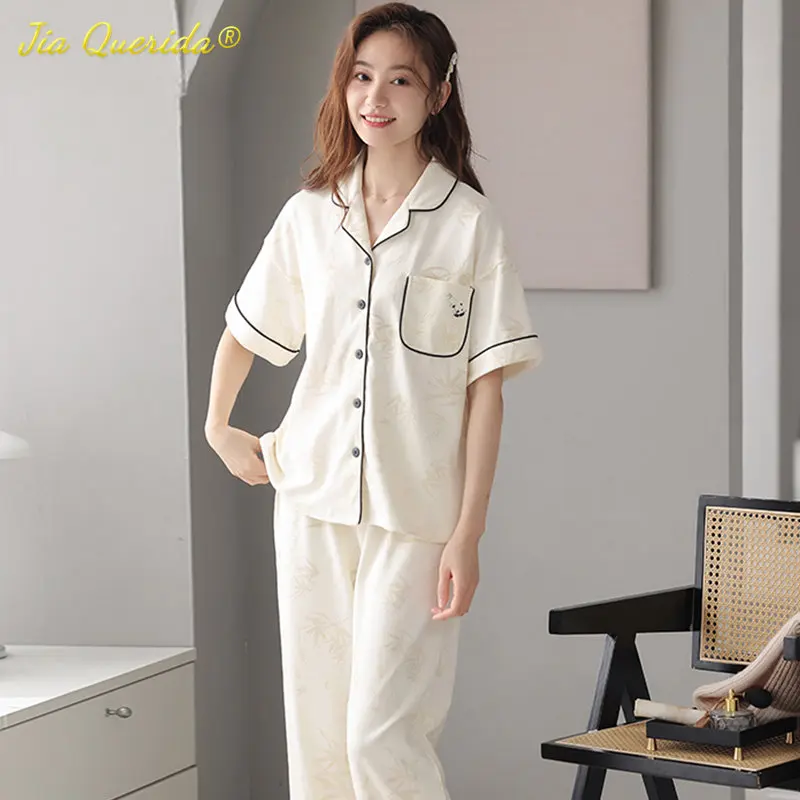 SUKAE Elegant Floral Sleepwear for Woman Summer Turn-down Collar Women\'s Pajamas Set Casual Loungewear Cotton Nightwear for Girl