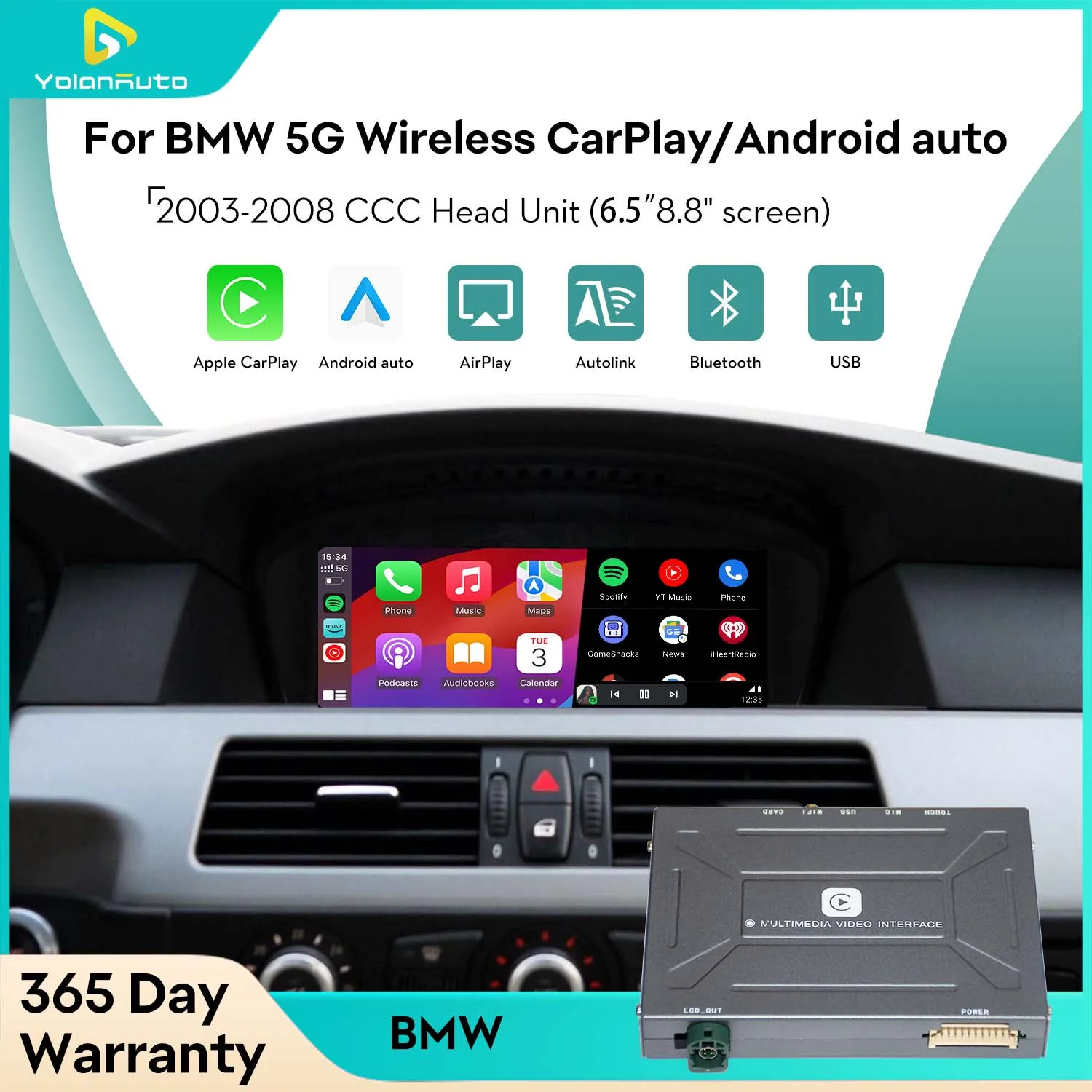 YolanAuto Wireless Apple CarPlay Retrofit for BMW CCC System 8.8″ 6.5 ″ E60 E61 E62 E63 E70 E71 E89 E90 E91 GPS Android Auto