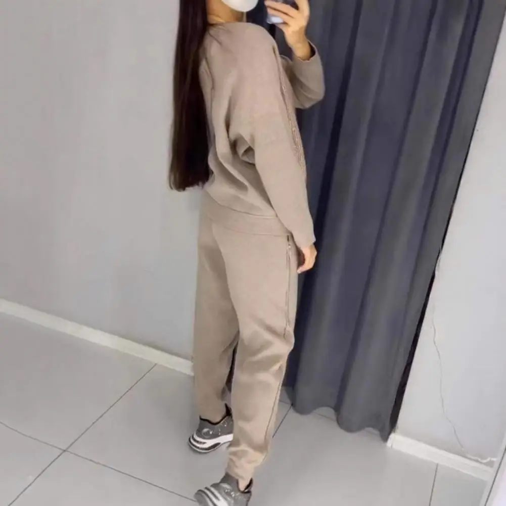 2 Pcs/Set Women Outfit Top Pants Suit Rhinestone Decor Patchwork Sport Sweatshirt Fitness Outfit Fall Spring Pants Tracksuit