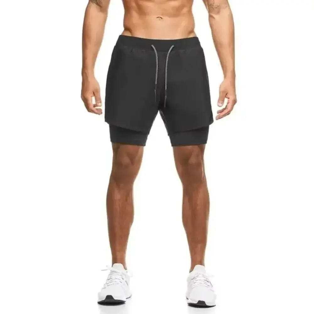 Men Quick Dry Running Shorts Breathable Elastic Training Shorts Double Layer Mobile Phone Pocket Gym Shorts Sports Training