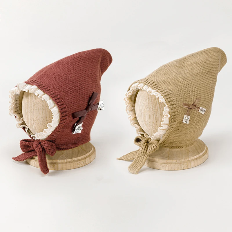 

0-2 Year Autumn Winter Knitted Baby Hat with Lace Brim Pompom Infant Cap Girls Flower Warm Hat Outdoor Kids Ear Protection Cap