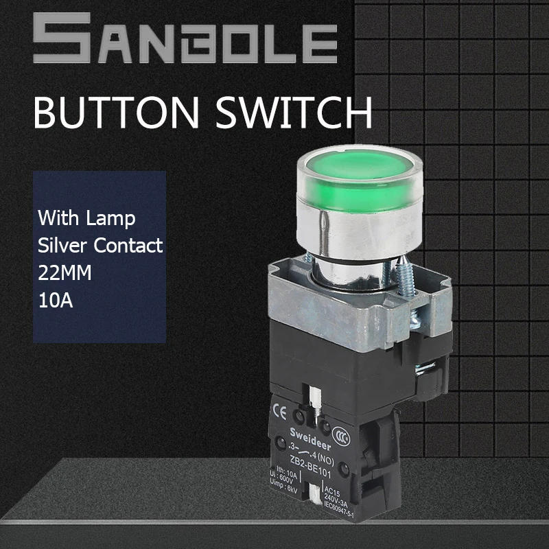 Push Button Switch With Lamp XB2-BW3361 BW3462 Flat Round Indicator Light 12V24V220V Silver Contact Combined