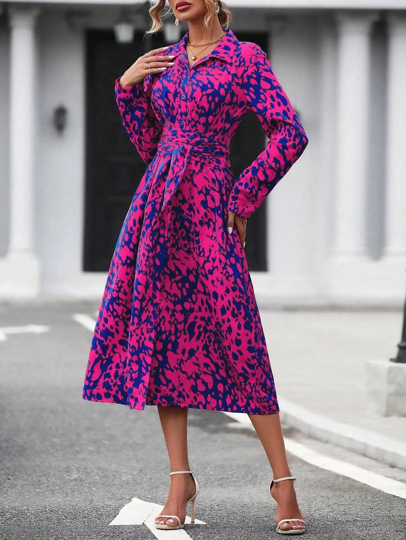 Dresses for Women Fashion Long Sleeve Print Women Dress Turn Down Collar Lace-up A-LINE Dress Women Vestidos De Verano Mujer Q48