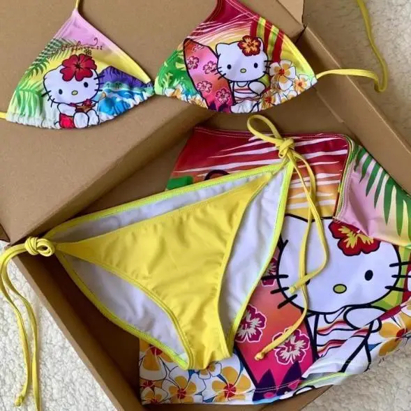 

Женский комплект бикини Hello Kitty, Гавайский раздельный купальник, костюм для женщин, летние горячие девушки, сексуальные стринги, купальник, пляжная одежда, костюм для серфинга