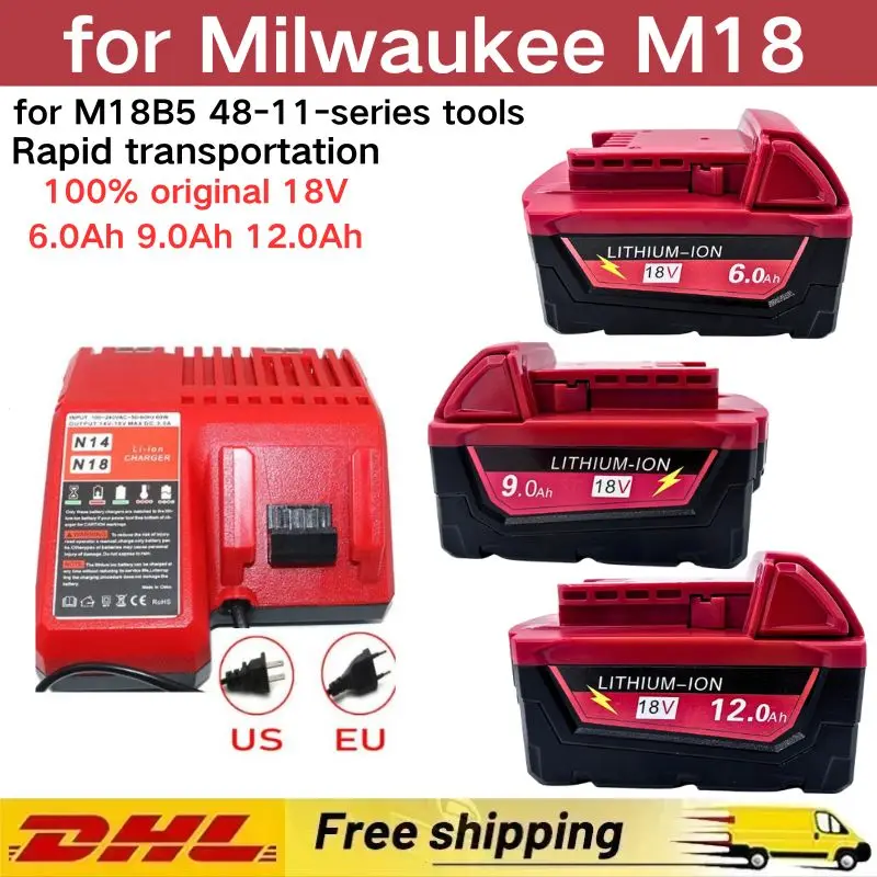 

For Milwaukee M18 18V 6Ah 9Ah 12Ah cordless tool battery， for M18B5 XC、48-11-series tools lithium-ion batteries with charger