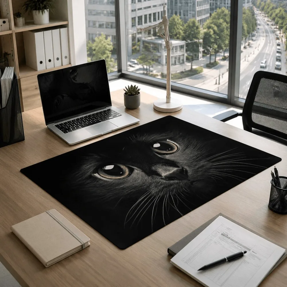 Black cat-eye printed table mat with simple and original design, suitable for office workers and students with large desks