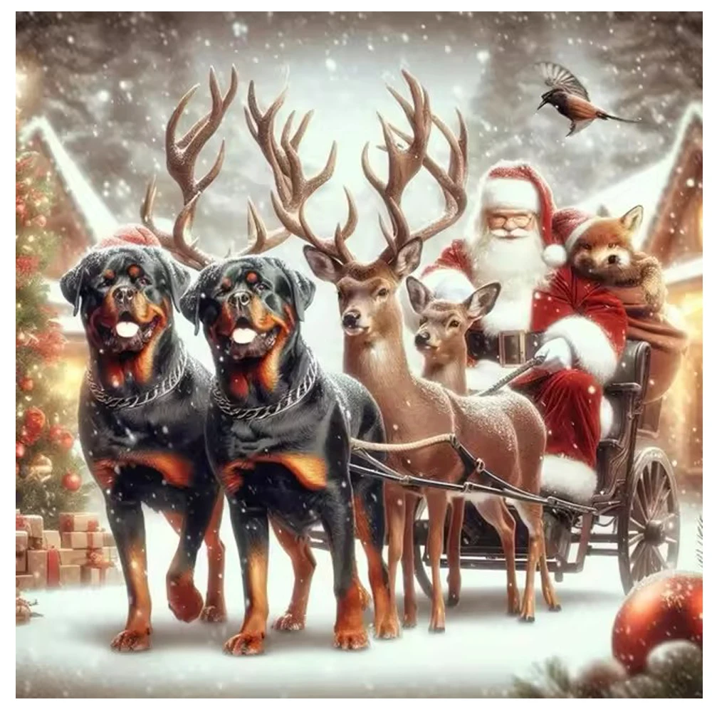 Diamond Art Painting Cross Stitch Kit Dog Sledding Santa Claus Elk Deer 5D DIY Full Diamond Mosaic Embroidery Christmas Gift