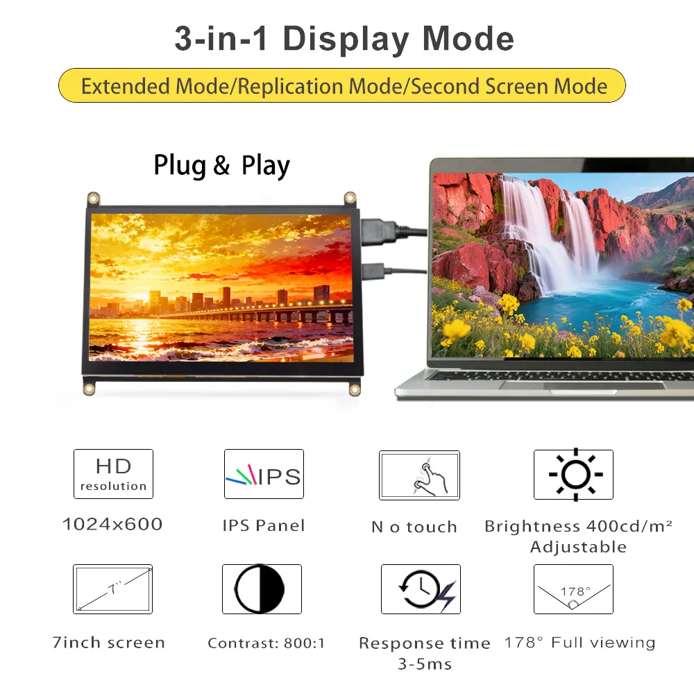 LESOWN 7in ITX Server Secondary Screen 5-Point Touch Panel HDTV Interface Maintenance Monitor Speaker for Network Node