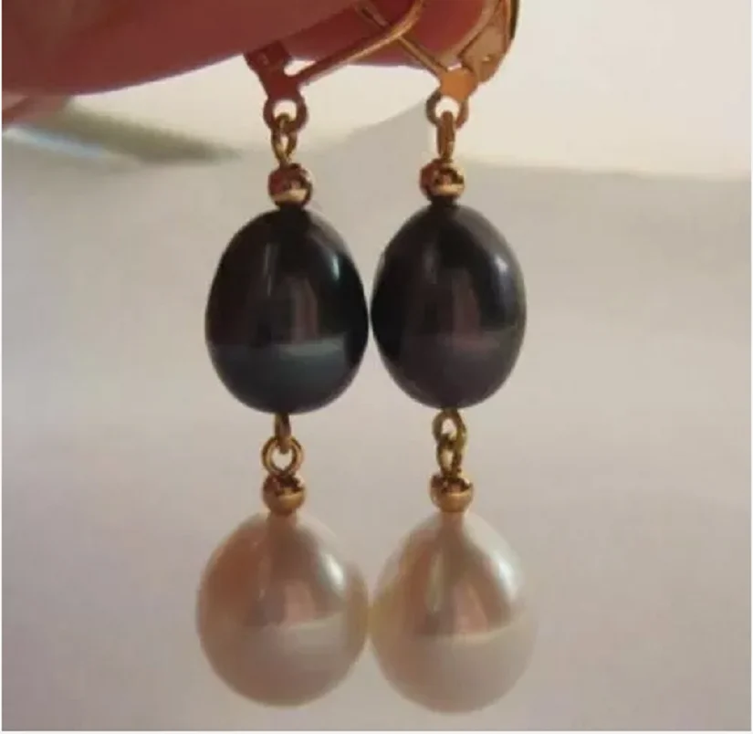 Charming 9X11 mm South Sea white black Pearl Earring 14K yellow gold hook