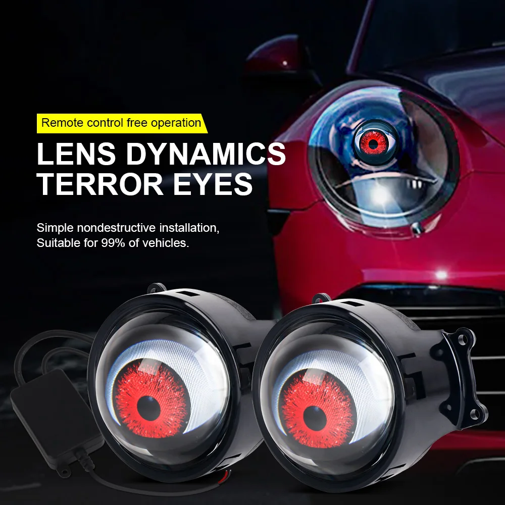 LED Car Dynamic Devil Eye Large Light 3-inch 33 Mode 3D Lens Dynamic Pupils Headlight Car Light Remote  Modification Eagle Eye