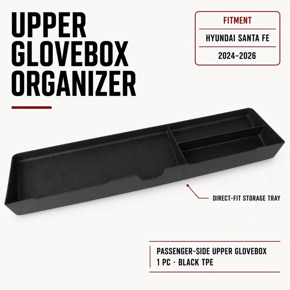 Upper Glove Box Organizer Tray For Hyundai Santa Fe 2024 2025 2026 Non-Slip No Drill Anti-Rattle Black TPE Interior Accessories