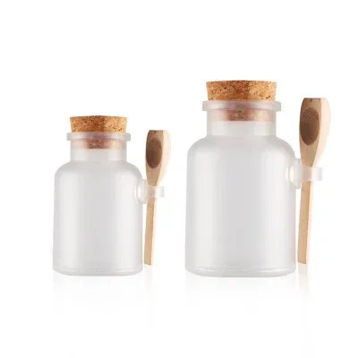 

Clear Round mouth Cosmetic Empty Matte Cork Jar Bath Salt Bottle Wood Spoon Mask Facial Container Refillable reacycle Bottles