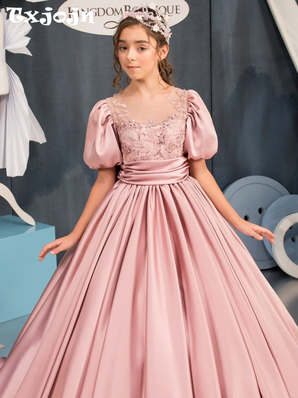 Girls Dusty Pink Beaded Satin Dresses Performance Wear Gorgeous Beaded Puff Sleeve Kids Princess Gown For Wedding Birthday Party