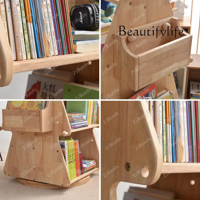 X Children's Bookshelf, Picture Book Rack, All Solid Wood Storage, Learning Multi-layer Log Color, Solid Wood Rotating Bookcase