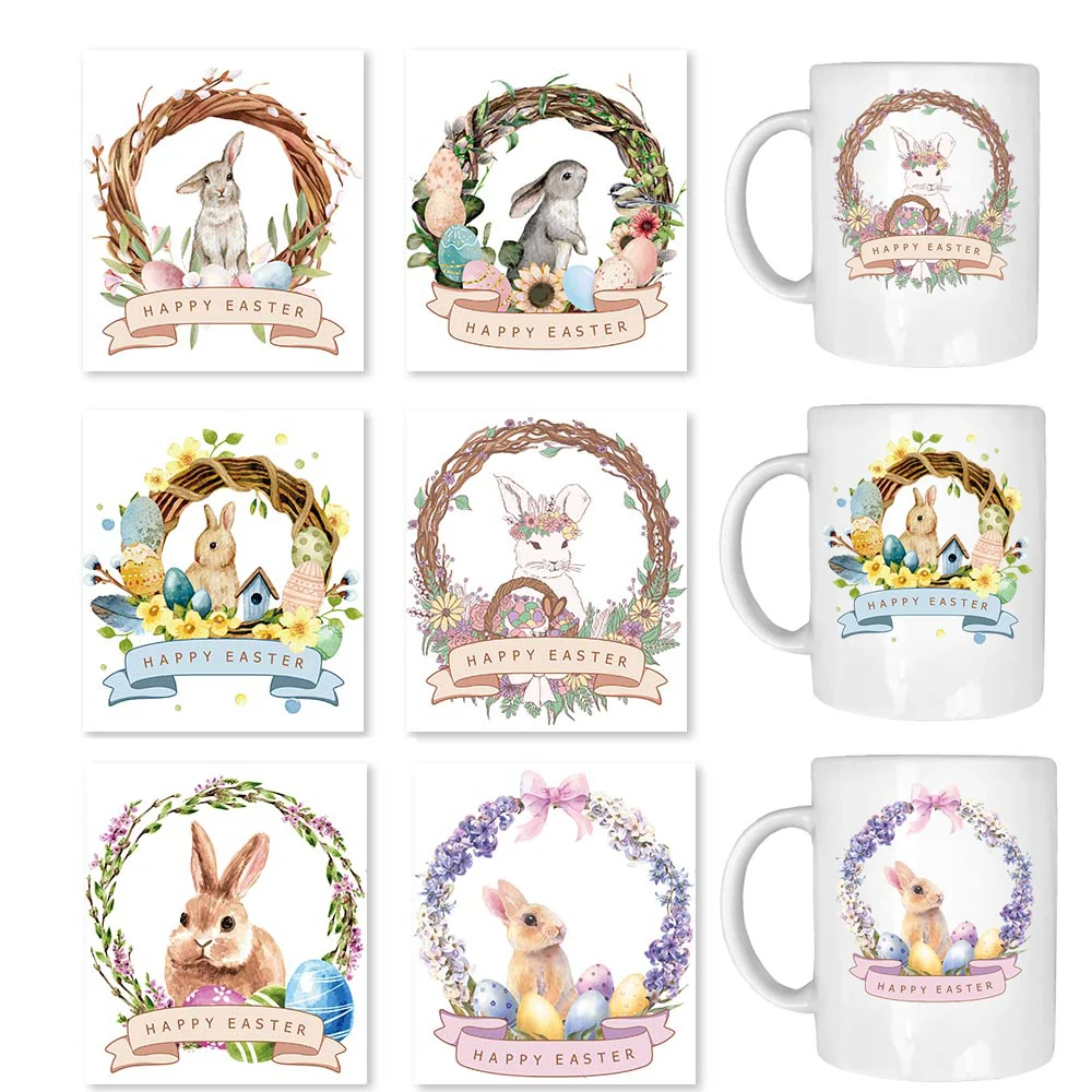 1sheet UV DTF Transfers Stickers Cup Wraps Happy Easter Bunny wreath Printed for Glass Cup Ceramic Metal Easter spring decor