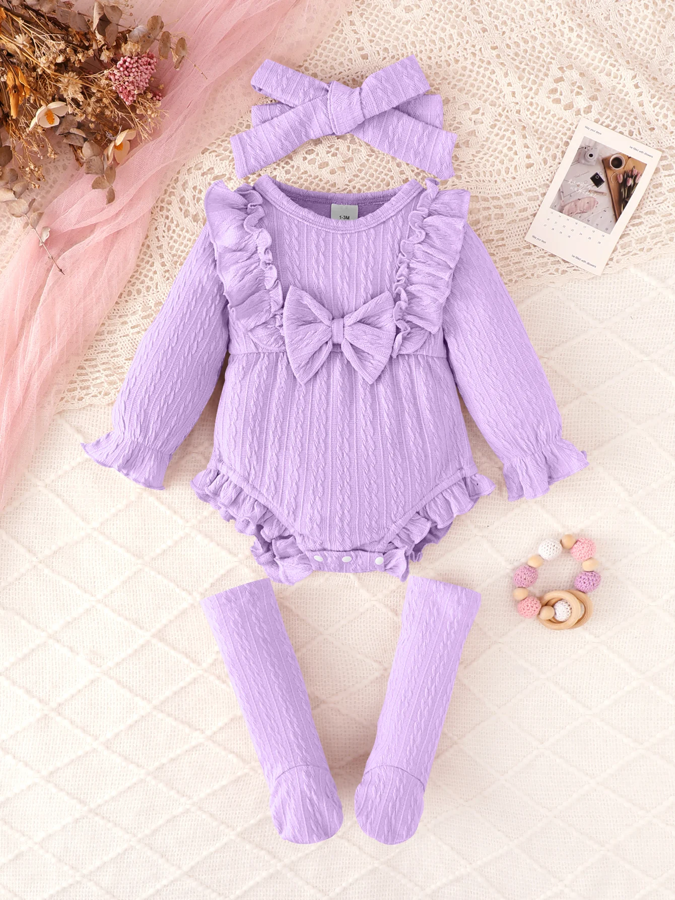 

Warm & Soft Toddler Girl Outfit: Purple Bow Bodysuit, Headband & Leg Warmers for Autumn/Winter