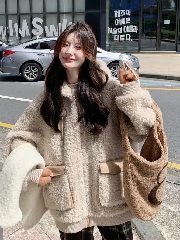 

Korean Style Women's Faux Lamb Fur Jacket with Hood plus Size 300 Pounds Warm Casual Long Sleeve Coat for Ladies Winter New D...