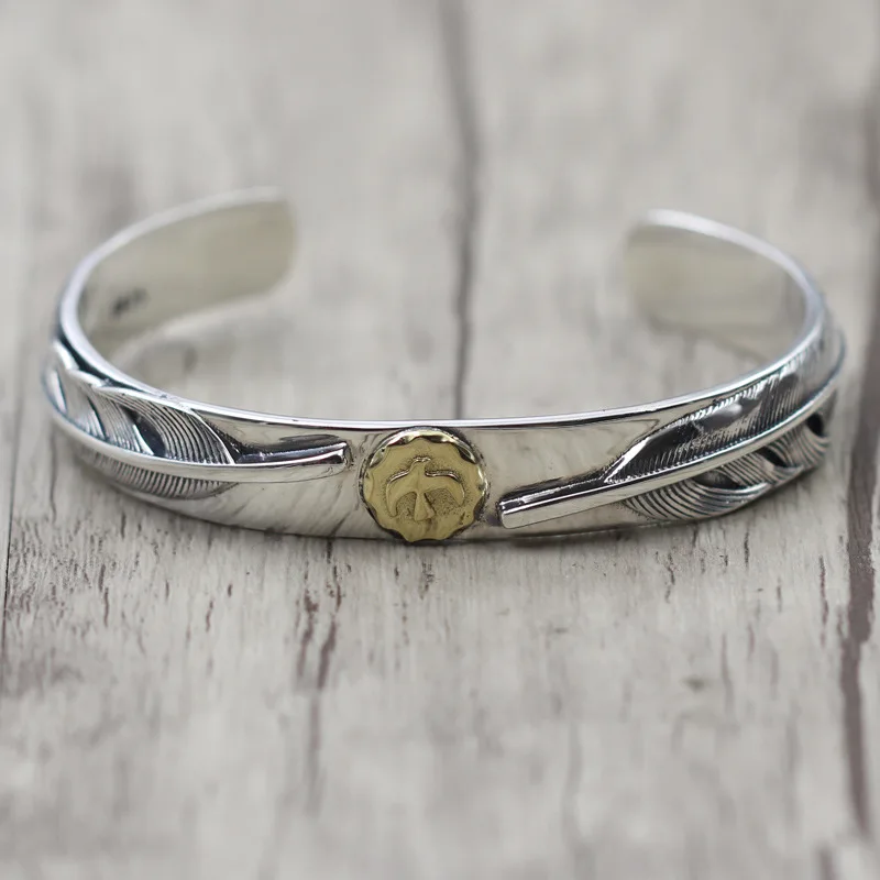 Thai Silver Retro Couple Korean Version Bracelet s925 Sterling Silver Handmade Men's and Women's Feather Bracelet