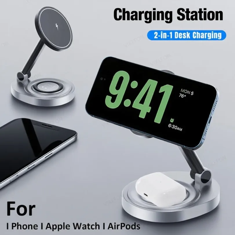 Chargeur magntique sans fil pliable 2 en 1, support de tlphone pour Magsafe iPhone 17 16 15 14 13 12 Airpods 4/3 Pro 2, charge rapide