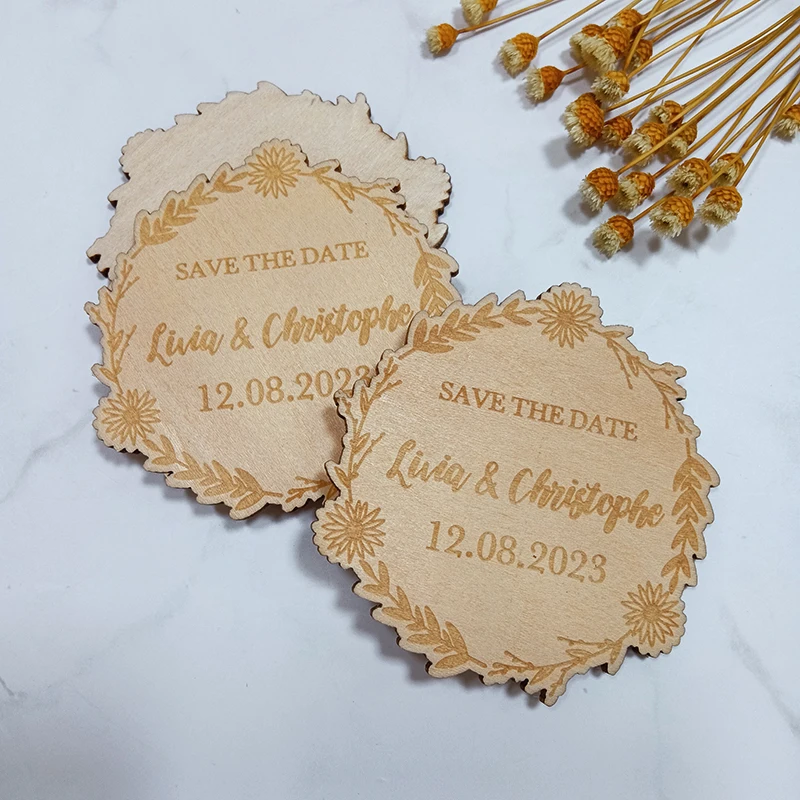 Unique Flower Wooden Magnets, Wood Save The Date Magnets, Engraved Wreath Save The Dates, Modern Wedding Decor