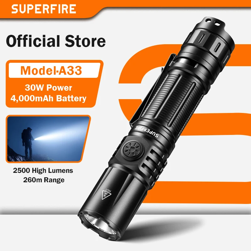SUPERFIRE A33 30W high power rechargeable  flashlight  Tactical 3000lm  Rechargeable 21700 USB-C lanterns for night hunting