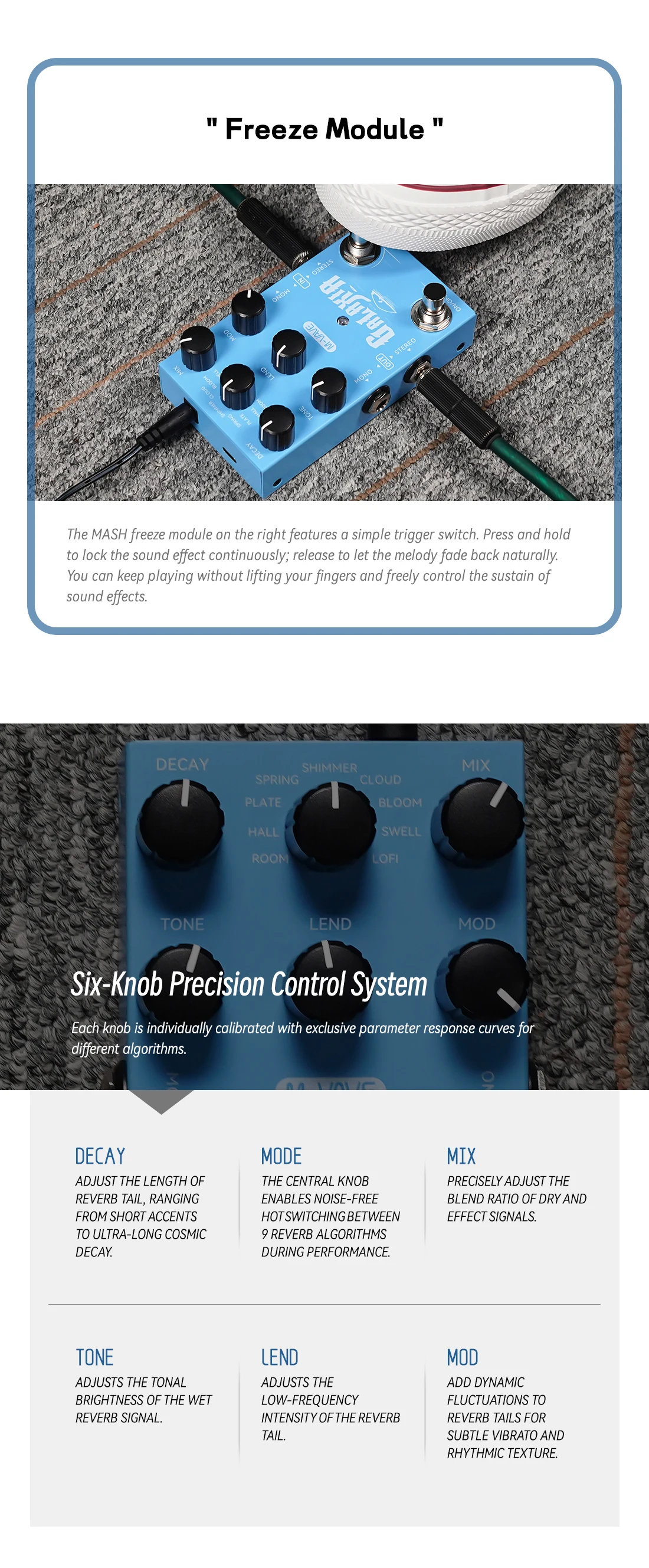M-VAVE GALAXIA Guitar Effect Pedal – 9 Reverb Engines, Freeze Sustain, DC 9V/USB-C, for Guitar/Bass/Synth view 4