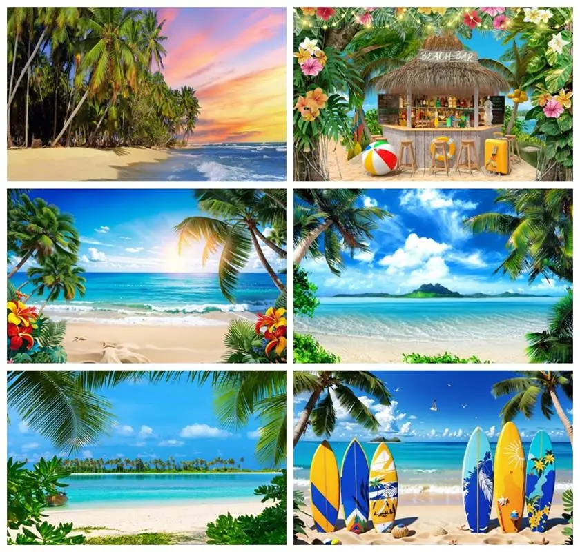 

Laeacco Summer Beach Ocean Photography Backdrops Blue Sky Seaside Tropical Coconut Palm Tree Hawaiian Kids Birthday Background