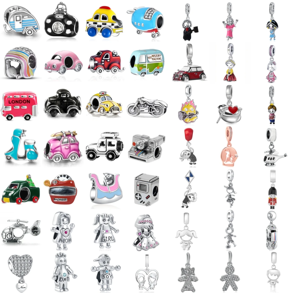 S925 Silver Vehicle Cartoon Doll Charms Car Bus Motorcycle Camera Helicopter DIY Women Travel Jewelry Pendant Gift