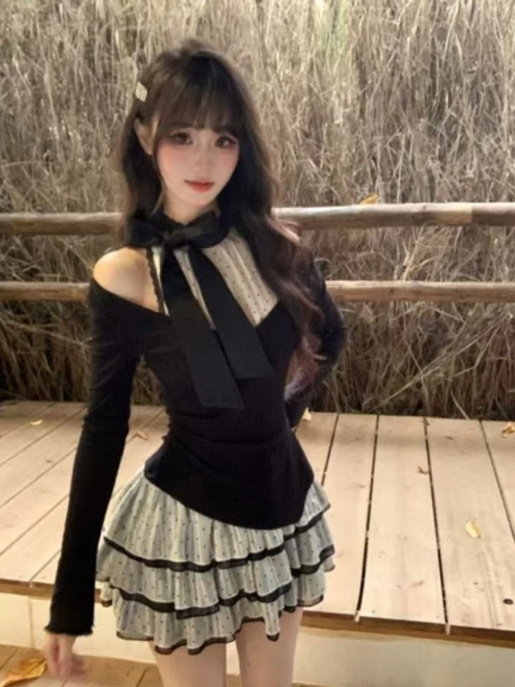 French Sexy Princess Long Sleeve Skirt Suit Aesthetic Sweet Slim Lace Patchwork Set Bow Fashion Party Two Piece Sets 2024 Winter