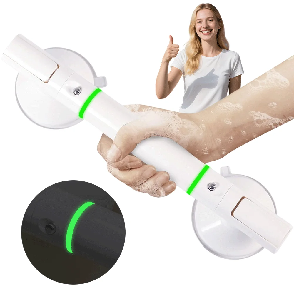 Barre d'appui avec 2 ventouses, barre d'appui pour douche et toilettes, rail de sécurité antidérapant avec 2 anneaux lumineux, capacité de charge de 100 kg pour personnes âgées