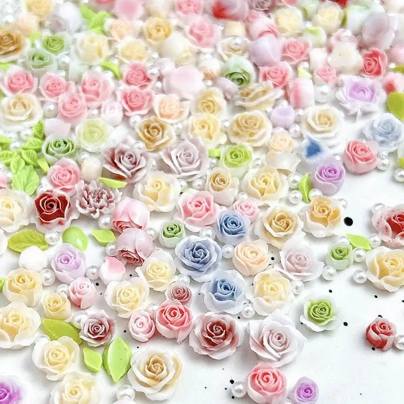 50PCS Random Mixed Butterfly Flowers Nail Charms Colorful Mutiple Bows Simulated Pearl Resin Nail Art Decorations for DIY Nails