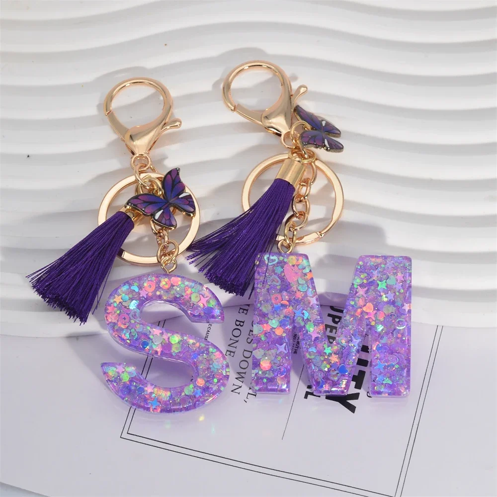 A-Z Shiny Sequin Letter Keychain Resin Couple Initial Purple Stars Filled Pendant Keyrings Handbag Car Key Charm Accessories