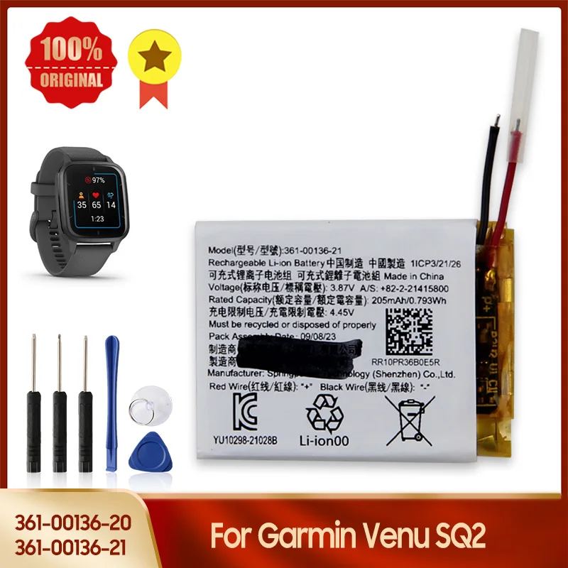 

Production in 2024 Replacement Battery 361-00136-20 361-00136-21 For Garmin Venu SQ2 205mAh High Quality Batteries With Tool